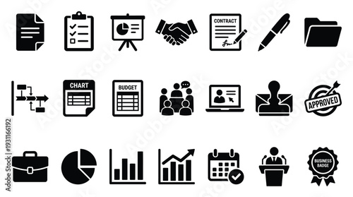 A comprehensive collection of business and office-related icons, depicting documents, charts, meetings, and professional tools.
