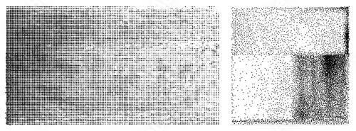 Black and white halftone dot matrix forming smooth tonal gradients, vector graphic, minimalist texture, digital art element, design background.