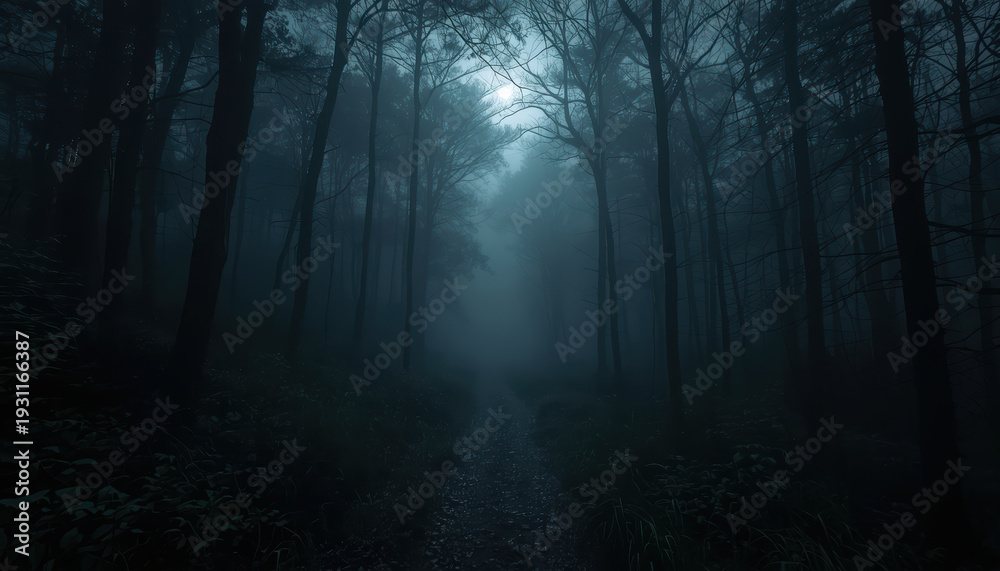 Obraz premium Misty moonlit forest path with foggy trees and narrow trail evoking eerie calm