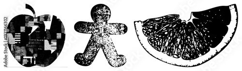 Stylized with pixelated texture, gingerbread man silhouette, citrus slice section, all in halftone vector art. Graphic for design, print, or digital use.