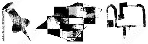 Black and white graphic featuring fragmented geometric forms, halftone, and distressed textures, stylized vector art with glitchy visual noise and bold.