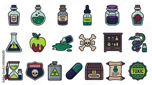 A collection of various poison and toxic-themed icons, including bottles, potions, skulls, and danger symbols.