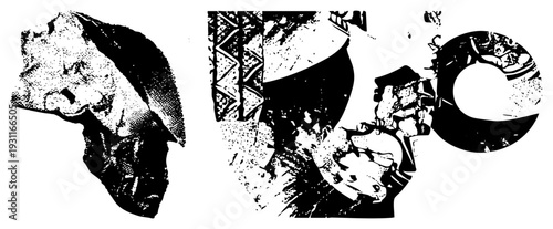 Bold graphic letters composed of halftone textures, fragmented, and sharp geometric forms, vector art with high contrast and gritty visual style.