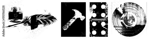 Classic writing tools, quill pen, ink bottle, historical stationery, calligraphy instrument, antique script tool, artistic handwriting implement.