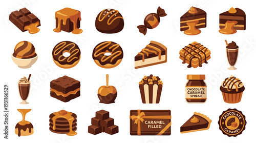A vibrant collection of delicious chocolate and caramel desserts, including bars, truffles, cakes, donuts, and candies, presented in a colorful illustration.