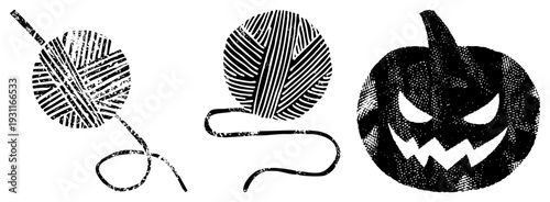 Festive Halloween pumpkin with carved eyes and grin, paired with two textured yarn balls, halftone print, isolated vector graphics, craft theme, spooky decor.