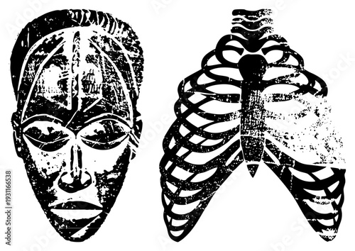 Stylized African mask with tribal and human ribcage skeleton, graphic design, cultural, black and white vector art, symbolic representation.