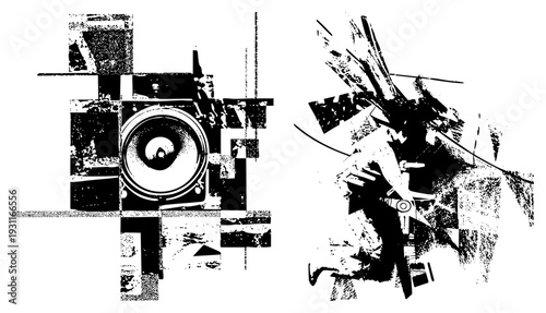 Bold black and white vector art with fragmented geometry and brushstrokes in halftone, perfect for modern design and layouts.