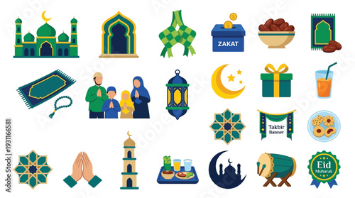 A vibrant collection of Islamic cultural icons and symbols associated with Ramadan and Eid celebrations, including mosques, lanterns, dates, and families.