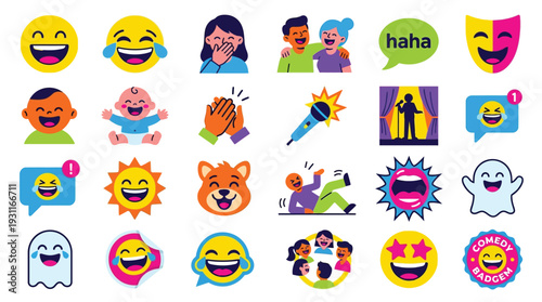 A vibrant collection of cartoon-style emojis and icons representing laughter, joy, and comedy.
