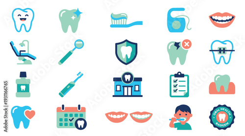 A vibrant collection of dental care icons, illustrating oral hygiene, treatments, and dental health concepts.