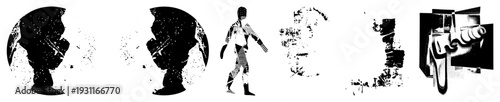 Black and white vector cutouts of fragmented human forms, glitch art silhouettes, digital distortion figures, graphic design elements, stylized human shapes with texture.