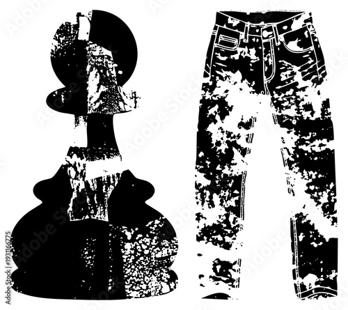Stylized black and white chess pawn with textured wear, paired with ripped jeans, urban streetwear, graphic vector art, high contrast halftone style.