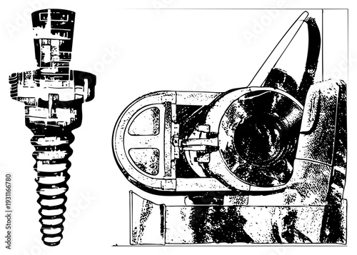 Steel screw anchor with helical threads and threaded shaft, heavy duty winch with drum and crank handle, mechanical hardware, construction equipment, industrial fastener, engineering component.