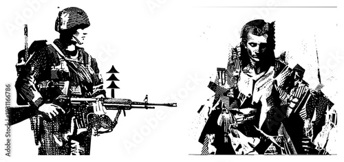 Military personnel in tactical gear holding rifles, combat readiness, armed forces, soldier illustration, black and white halftone, stencil style, isolated foreground.