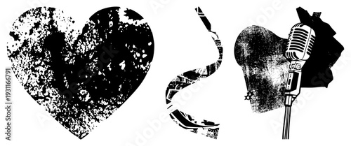 Retro microphone set against heart and snake motifs, distressed textures, vector art, performance, music symbol graphics.