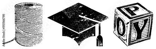 Classic spool of thread, academic cap with tassel, wooden toy block with letters, halftone vector illustration, educational and craft symbols.