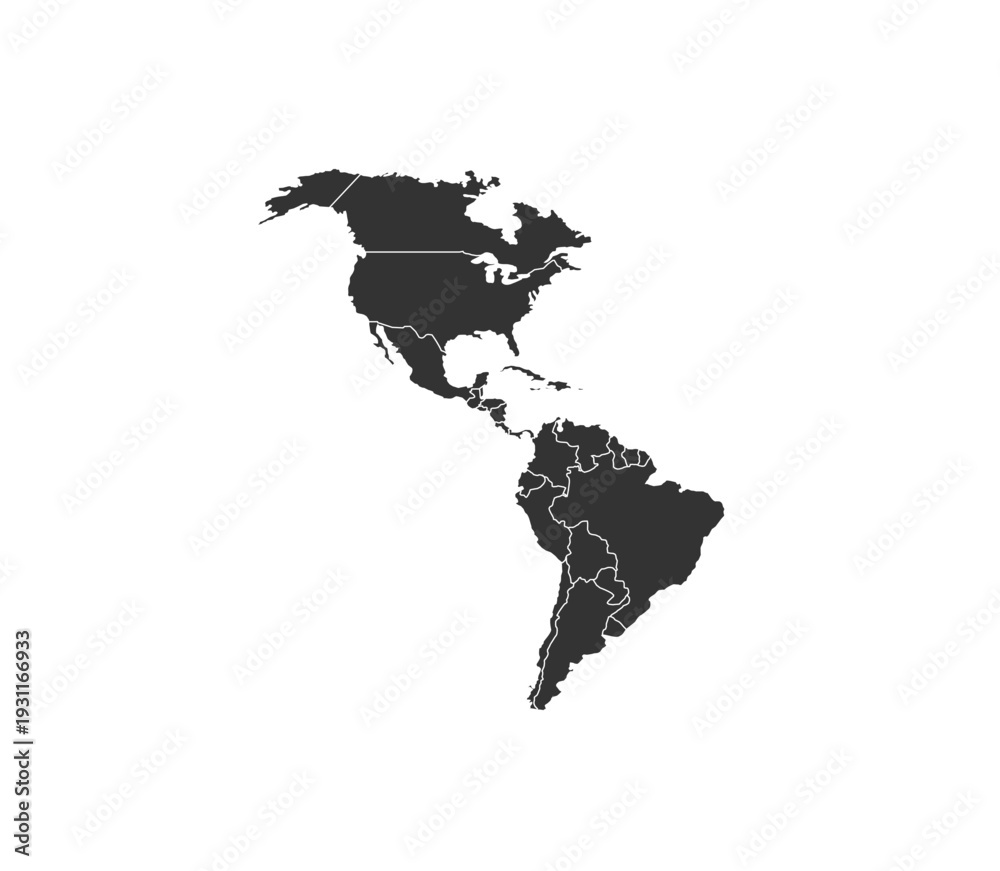Obraz premium Detailed dark silhouette map outline showing the complete geographical landmasses of North and South America continents together