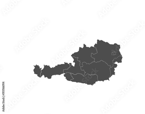 Detailed gray silhouette map of Austria illustrating its individual federal states and clear administrative divisions, perfect for geographic and political representations, isolated on a white backgro