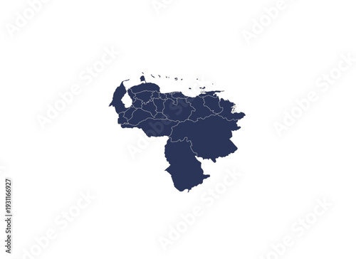 Simplified dark blue map silhouette of Venezuela highlighting its internal administrative divisions against a clean white background