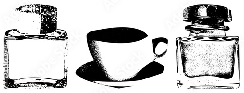 Classic perfume bottle with cap, coffee cup on saucer, vintage aesthetic, halftone print, design, retro fragrance, beverage.