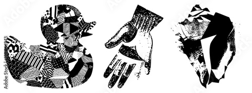 Graphic vector illustration of duck, open hand, and clenched fist, each composed of fragmented halftone textures, black and white, isolated design elements.