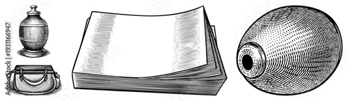 Classic inkwell with stopper, vintage leather satchel with straps, textile spool with thread, all rendered in halftone style. Retro stationery, historical artifacts, artistic supplies.