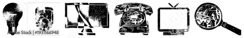 Classic tech rendered in halftone dot lightbulb, rotary phone, TV, magnifying glass, and monitor. Retro tech symbols, analog communication tools, historical gadgets.