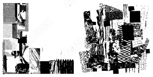 Fragmented halftone art composition, abstract design with blocks, graphic texture collage, vector art, modern art piece.