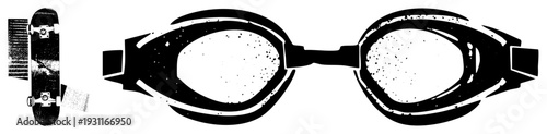 Retro swimming goggles with speckled lenses and worn straps, paired with a weathered skateboard, vector illustration, sporty gear, aquatic and street culture.