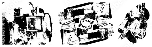 Stylized halftone graphic with broken geometric forms, fragmented textures, blocks, abstract composition, digital glitch art.