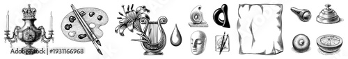 Classic art supplies and symbolic objects rendered in black and white, including palette, brushes, lyre, mask, and scrolls, ideal for creative projects.