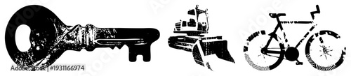 Bold black vector silhouettes of key, excavator, and bike with textured, weathered effects for industrial/retro vibe.