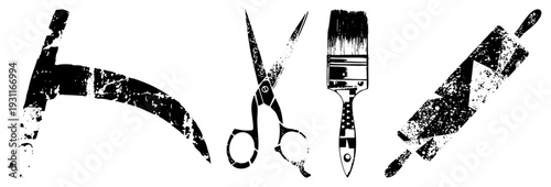 Retro stylized black and white graphic of craft tools scissors, paintbrush, rolling pin, cleaver, distressed texture, isolated vector set, art supplies.