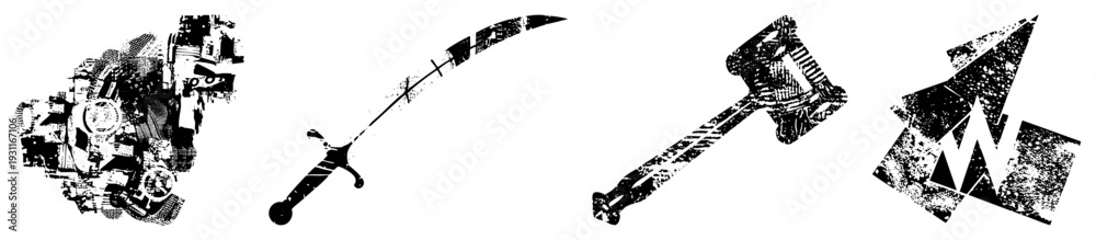 Fototapeta premium Stylized black and white vector of medieval weaponry including curved sword, mallet hammer, and dagger with distressed textures, ideal for or historical design projects.
