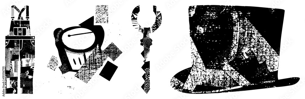 Obraz premium Stylized featuring overalls, cup, key, top hat, rendered in halftone texture, graphic design elements, vector art, isolated foreground.