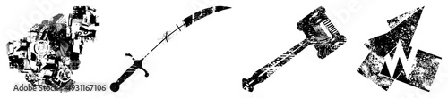 Stylized black and white vector of medieval weaponry including curved sword, mallet hammer, and dagger with distressed textures, ideal for or historical design projects.