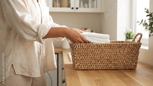 Woman putting towels in wicker basket.