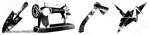 Retro sewing machine with spool, shovel,, and origami bird, vector, distressed texture, craft and utility tools, flat design, isolated symbols.