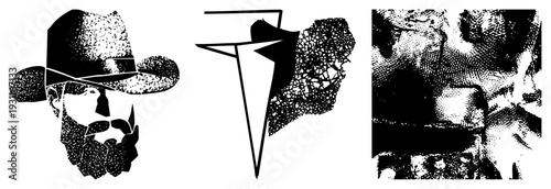 Black and white halftone portrait of bearded man wearing hat, stylized geometric shapes, dot matrix texture, artistic vector illustration.