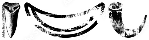 Distressed black and white vector of prehistoric animal horns and teeth, stylized tribal motifs, graphic design elements, textured illustrations.