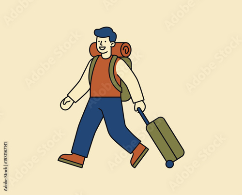 Man walking with backpack and suitcase, cartoon style illustration.