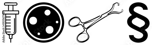 Syringe, petri dish with colonies, surgical forceps, and paragraph symbol healthcare and law, medical science, legal documents, sterile environment, courtroom, clinical tools.