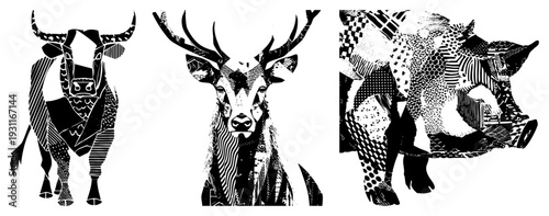 Black and white vector animals bull, deer, boar with geometric, tribal, halftone styles. Artistic portraits for design or tattoo use.
