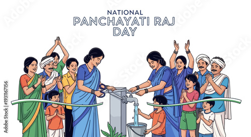 Illustration of people celebrating National Panchayati Raj Day with a water tap in a rural Indian setting, promoting village administration and local governance.