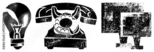 Retro tech symbols including lightbulb, rotary phone, and computer monitor, stylized halftone vector graphics, classic communication tools, isolated digital assets.