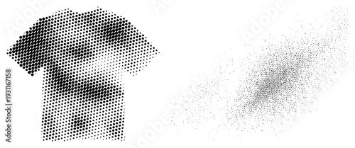T shirt rendered as black halftone dots, gradient density from solid to sparse, graphic design element, vector illustration, isolated apparel.