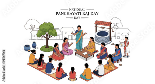 Illustration of people gathered for a meeting on National Panchayati Raj Day with a well and tree in the background, symbolizing rural governance and community development in India.