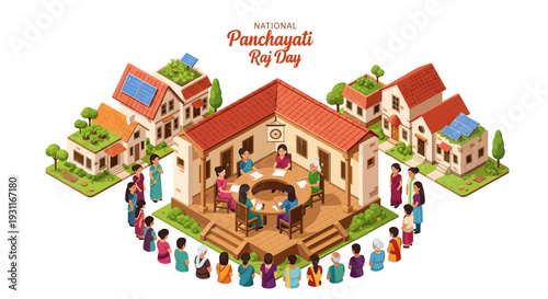 Isometric illustration of people gathered around a table in front of a Gram Panchayat building with rural Indian architecture on National Panchayati Raj Day.