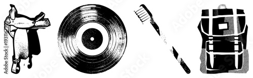 Retro halftone illustrations of equestrian gear, music, hygiene tool, and travel gear. Classic graphic elements for design, print, or digital use.